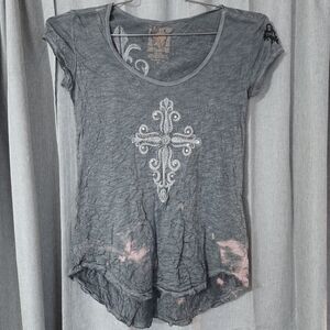 Velvet Stone‎ Y2K Bedazzled Cross Acid Wash Tshirt Size Small -Distressed